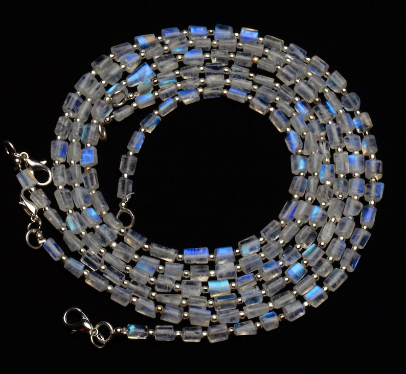 natural gemstone rainbow moonstone AAA quality blue fire beads 18 inch necklace 5 to 6mm broad and 5 to 7mm long size nugget beads
