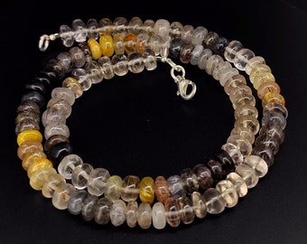 natural gem multi rutile quartz, 8 mm size smooth rondelle beads, 18 inch necklace