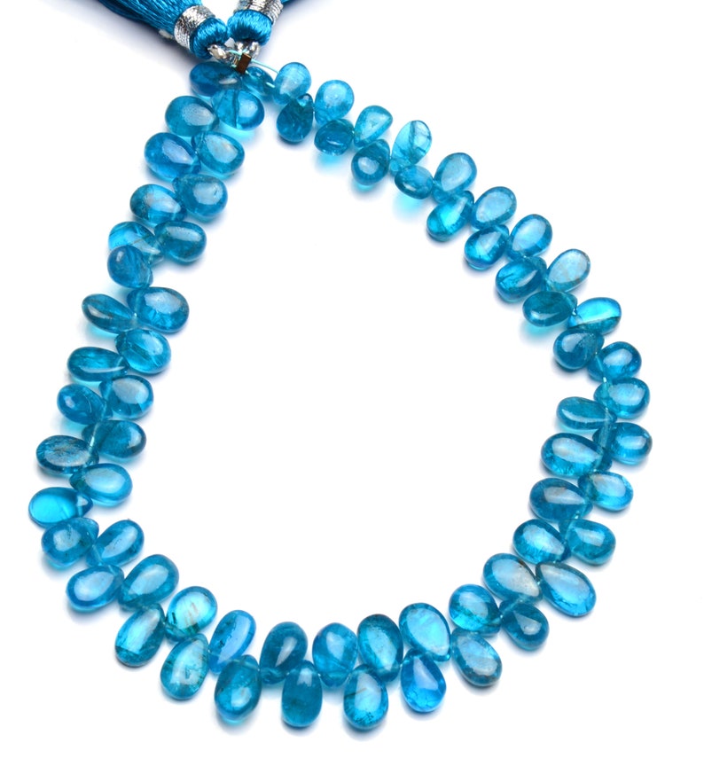 8 full strand neon blue apatite 6x4 to 8x5mm size smooth pear shape briolette beads natural gemstone blue gem beads for jewelry making