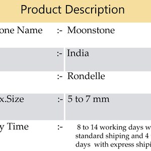 Op de afbeelding: Productbeschrijving voor maansteen edelstenen. Edelsteennaam: Maansteen. Herkomst: India. Vorm: Rondelle. Geschatte grootte: 5 tot 7 mm. Levertijd: 8 tot 14 werkdagen met standaard verzending en 4 tot 7 werkdagen met expressverzending.