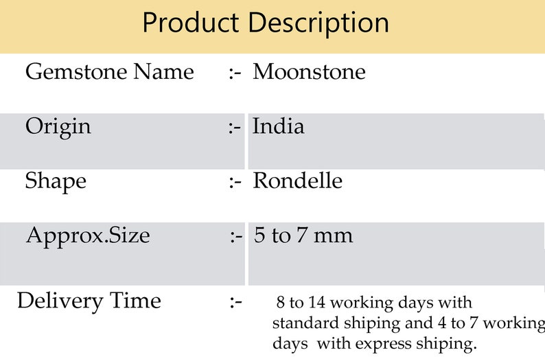 Op de afbeelding: Productbeschrijving voor maansteen edelstenen. Edelsteennaam: Maansteen. Herkomst: India. Vorm: Rondelle. Geschatte grootte: 5 tot 7 mm. Levertijd: 8 tot 14 werkdagen met standaard verzending en 4 tot 7 werkdagen met expressverzending.