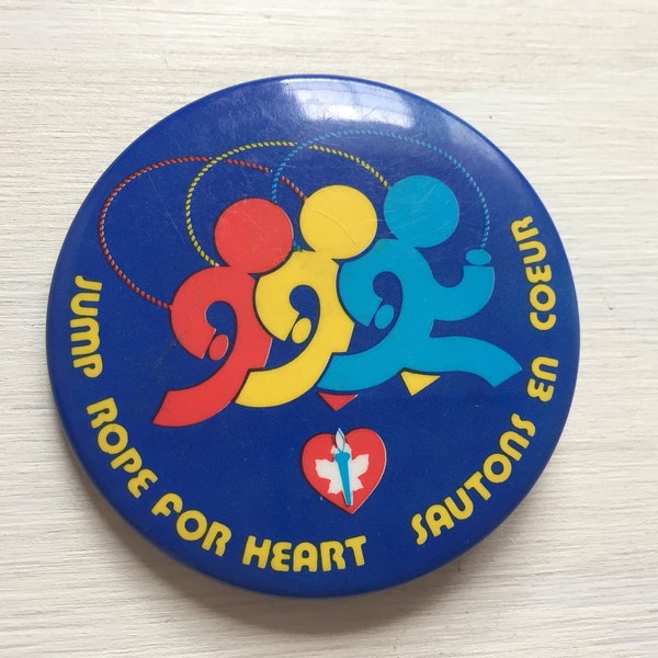 Jump Rope for Heart Vintage Button, Sautons en Coeur Vintage Pinback, Pin, 1980s Retro, Canada Health Kids, Collectible Memorabilia,