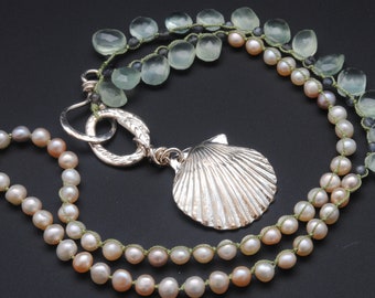 Freshwater Pearl Necklace with Chalcedony Gems and Fine Silver Scallop