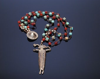 Southwest Style Necklace Hand Knotted with Square Turquoise Beads, Faceted 4mm Ruby Jade Beads with Bronze Ethnic Amulet