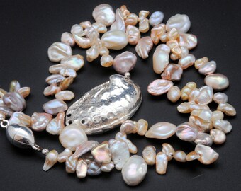 Freshwater Pearl Necklace with Fine Silver Abalone Shell