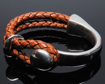 Cuff Disc Leather Bracelet with 5mm Round Braided Leather and Silver Clasp