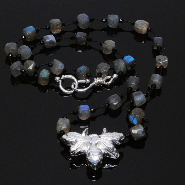 Labradorite Necklace with Hand Molded Fine Silver Bee
