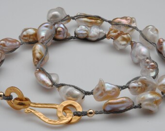 Necklace of Second Harvested Fresh Water Pearls that are Gold/White Hue with Vermeil Clasp