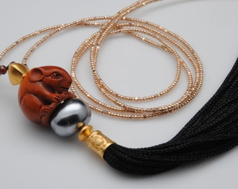 Necklace - Chinese Carved Wooden Mouse on Gray Pearl with Black Tassel