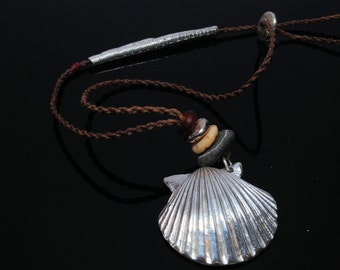 Fine Silver Scallop Shell Necklace on Adjustable Tan Cord