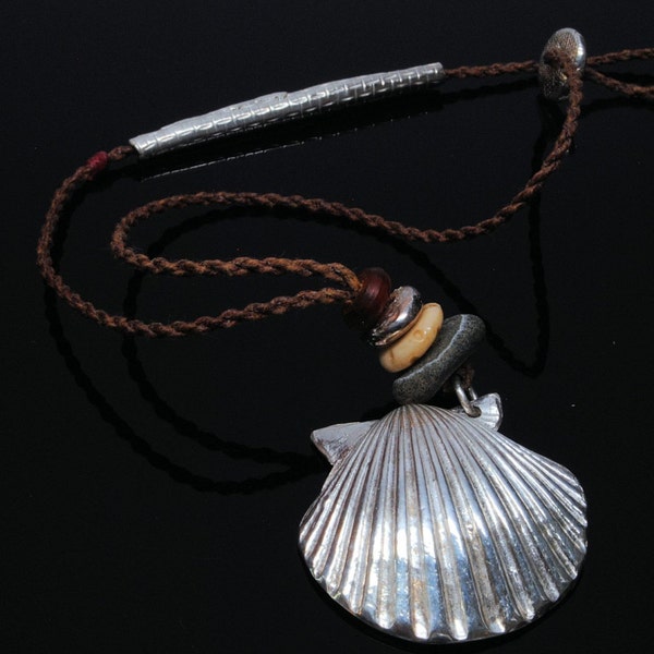 Fine Silver Scallop Shell Necklace on Adjustable Tan Cord