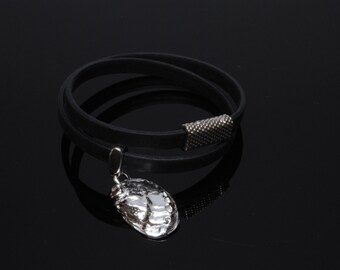 Black Leather Wrap Bracelet with Fine Silver Abalone Shell