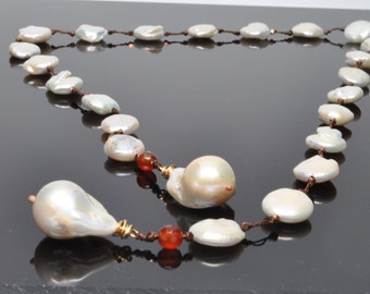 Freshwater Pearl Necklaces Hand Knotted with Nucleated and Coin Freshwater Pearls, Lariat Style, 26" and 30"  Long