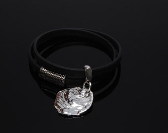 Black 5mm Leather Wrap Bracelet with a Sliding Charm and Fine Silver Olympia Oyster