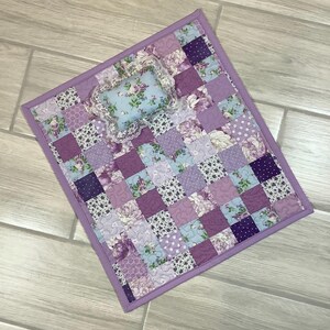 Doll Quilt and Pillow for 18” Doll: Patchwork quilt and embellished pillow