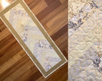 Elegant silver and gold floral quilted table runner 13” x 36.5”. Table topper. Free shipping