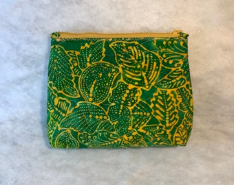 Quilted cosmetic zipper pouch bag. Bright batik green and gold print. Makeup bag, travel bag. Free shipping