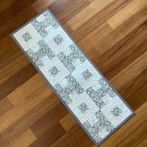 Gray & Turquoise Floral Quilted Table Runner: Modern Farmhouse Decor