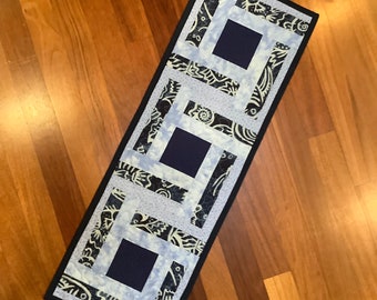 Modern quilted table runner shades of blue. Free shipping