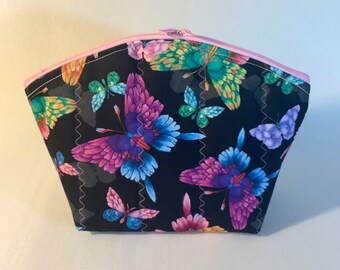 Quilted cosmetic zipper pouch bag with butterflies. Makeup bag, cords and chargers or travel bag. Free shipping