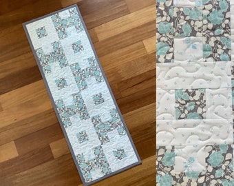 Modern gray and turquoise blue floral quilted table runner. 11.5” x 33”.  Table topper. Free shipping