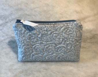 Quilted cosmetic zipper pouch Gray and cream scroll print. Makeup bag, travel bag. Free shipping