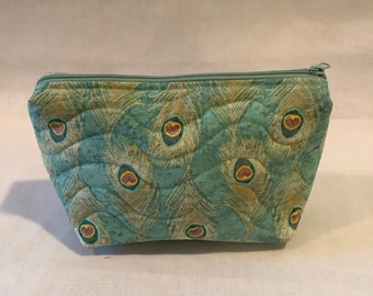 Quilted zipper pouch bag with peacock feather fabric. Cosmetic, travel bag. 8”w x 5.5”h x 3”. Free shipping