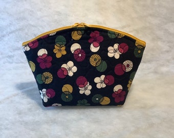 Quilted cosmetic zipper pouch bag. Floral print on black fabric.Makeup bag, travel bag. Free shipping