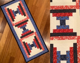 Modern Quilted table runner. Courthouse steps blocks.  16” x 40”.  Free shipping