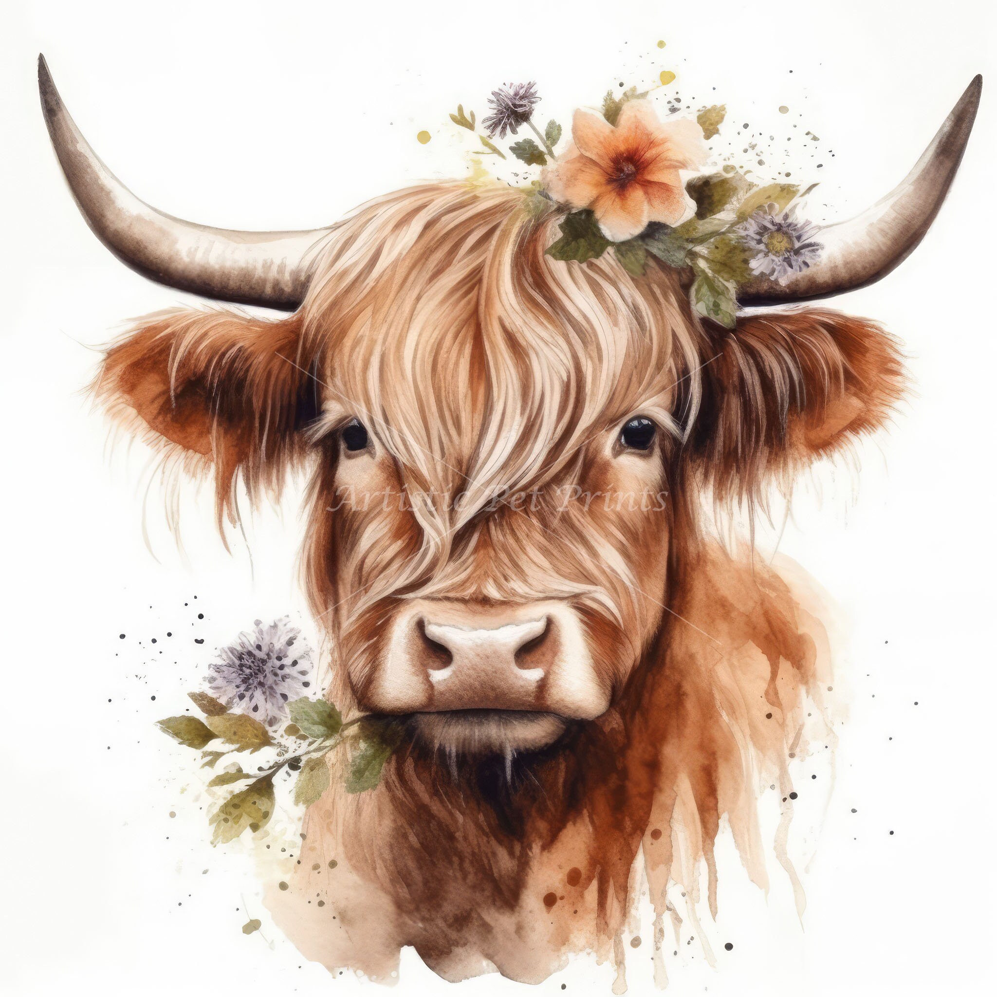 Highland Cow and Flowers Clipart - 10 High Quality Watercolor Jpg's ...