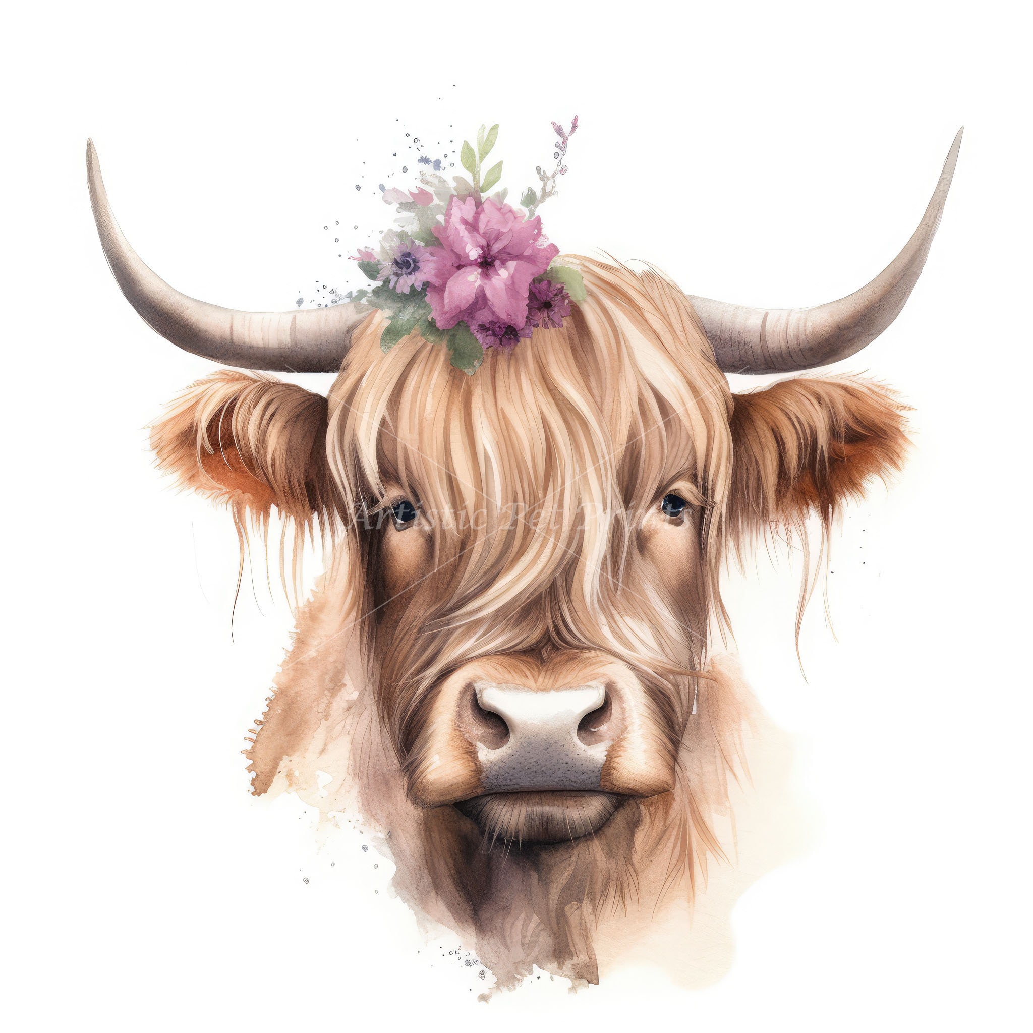 Highland Cow and Flowers Clipart - 10 High Quality Watercolor Jpg's ...