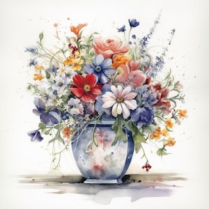 Vase of Flowers Clipart - 12 High Quality JPG Images - Digital Download - Watercolor for Card Making, Wall Art, Digital Paper Craft
