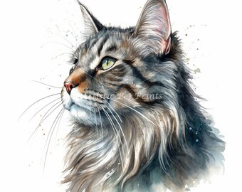 【原画販売】ノルウェージャンフォレストキャットの水彩画 神秘的なノルウェージャンフォレストキャットのイラスト｜リアルな