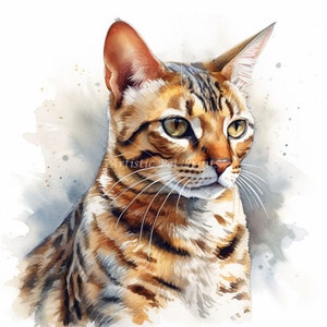 Bengal Cat Clipart - 10 High Quality Watercolor JPG&#39;s - Digital Download! Wall Art, Canvas Art, Painting, Card Making, Mugs, Coasters