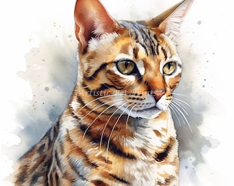Bengal Cat Clipart - 10 High Quality Watercolor JPG's - Digital Download! Wall Art, Canvas Art, Painting, Card Making, Mugs, Coasters