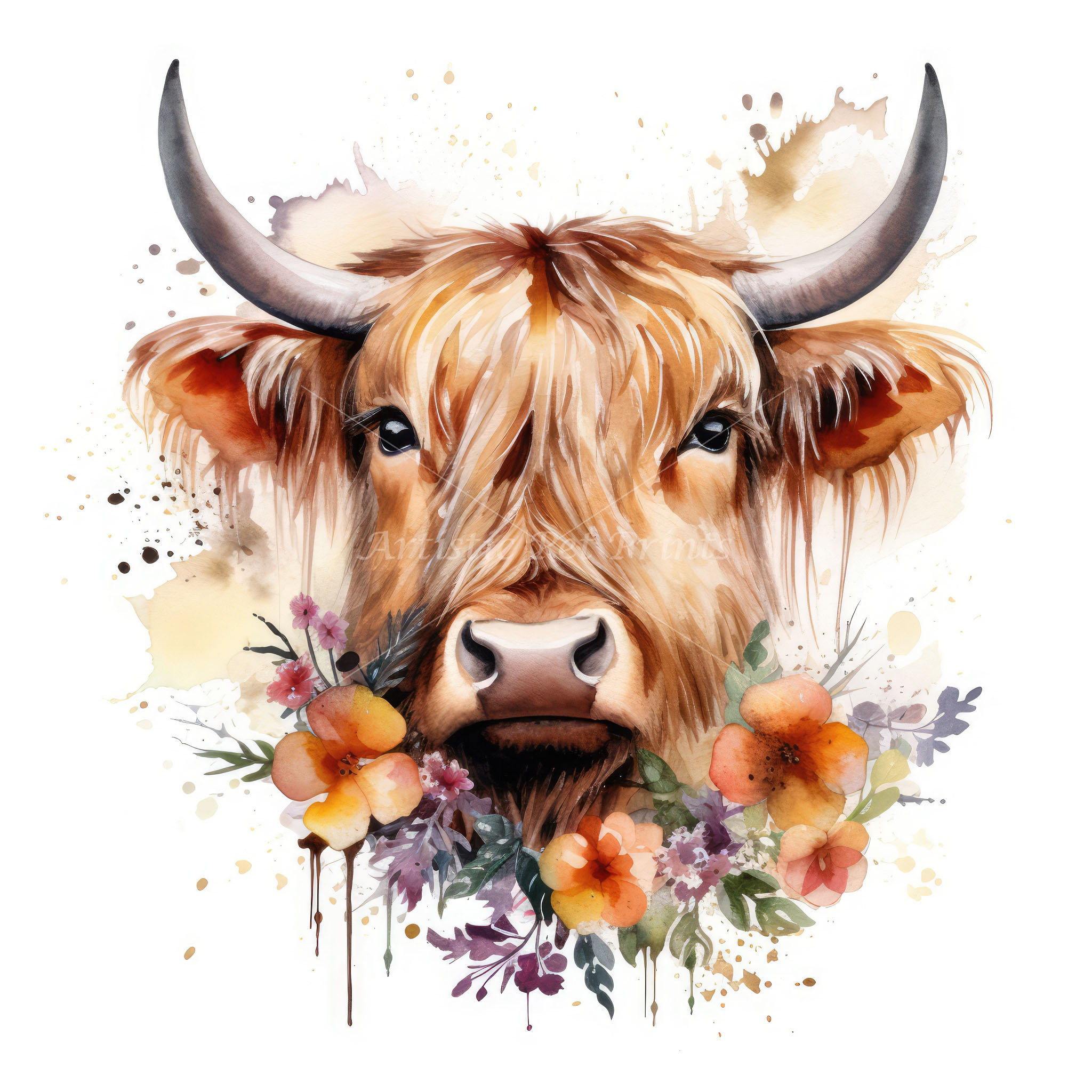 Highland Cow and Flowers Clipart - 10 High Quality Watercolor Jpg's ...