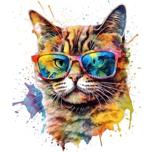 Cool Cats Clipart - 10 High Quality Watercolor JPG&#39;s - Digital Download! Card Making, Wall Art, Canvas Art, Sublimation, Mugs, Planners