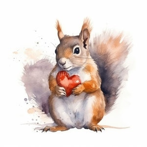 Squirrel and Heart Clipart - 10 High Quality JPG Images - Digital Download - Cute Watercolor for Card Making, Wall Art, Digital Paper Craft