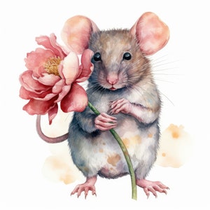 Mouse and Flower Clipart - 10 High Quality JPG Images - Digital Download - Cute Watercolor for Card Making, Wall Art, Digital Paper Craft