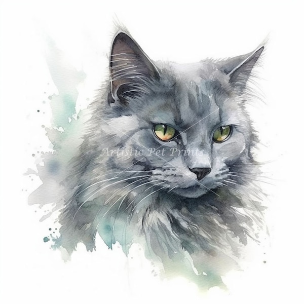 Nebelung Clipart - 10 High Quality Watercolor JPG's - Digital Download! Wall Art, Canvas Art, Painting, Card Making, Mugs, Etc