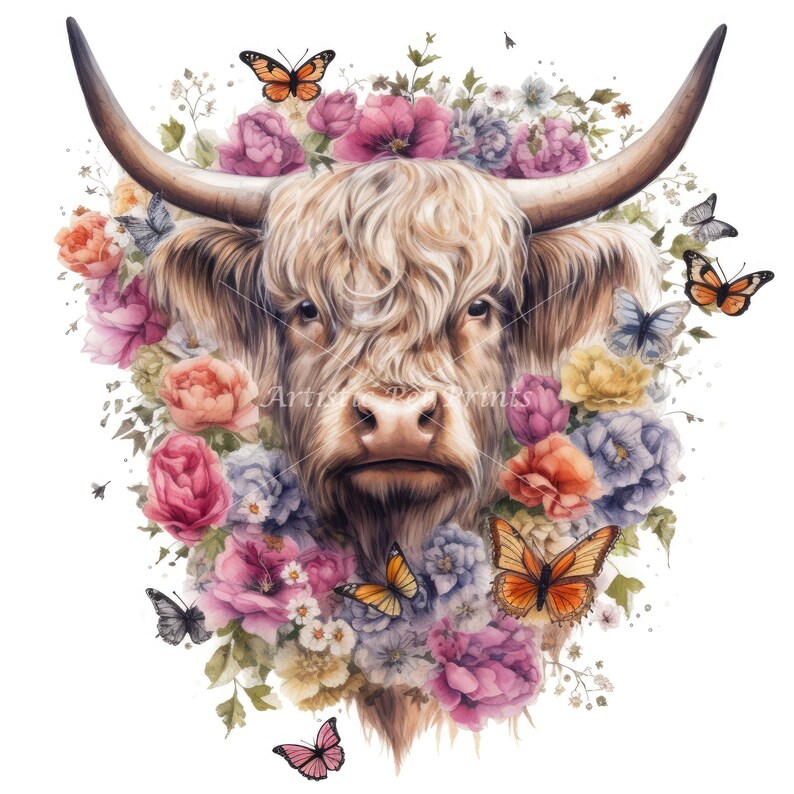 Floral Highland Cow Clipart - 10 High Quality Watercolor Jpg's ...