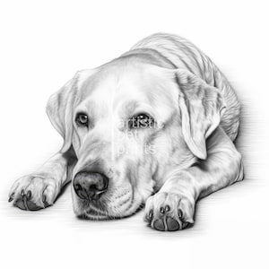 Puede incluir: Dibujo a lápiz detallado de un perro Labrador Retriever acostado, renderizado en tonos grises y blancos. El pelaje del perro está meticulosamente representado, con un enfoque en los ojos y la nariz. El texto "artistic pet prints" es visible.
