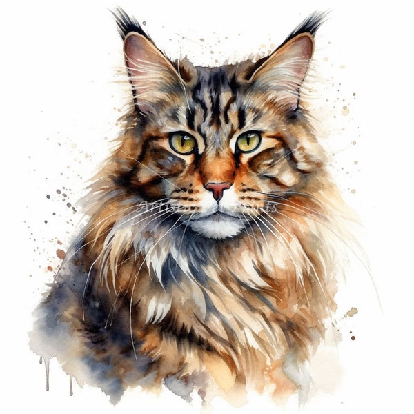 Maine Coon Clipart - 10 High Quality Watercolor JPG's - Digital Download! Wall Art, Canvas Art, Painting, Card Making, Mugs, Etc