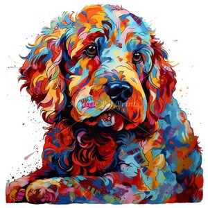 Pode incluir: Uma pintura abstrata colorida de um cão sobre um fundo branco. A pelagem do cão é pintada em tons de vermelho, laranja, amarelo, azul e verde. Os olhos do cão são castanhos e o nariz é preto. A pintura é feita em um estilo que lembra o impressionismo.