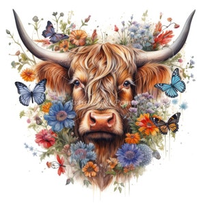 Floral Highland Cow Clipart - 10 High Quality Watercolor Jpg's ...