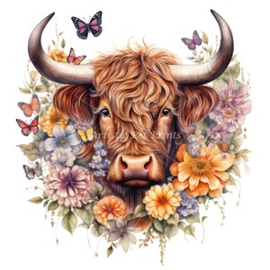 Floral Highland Cow Clipart - 10 High Quality Watercolor Jpg's ...