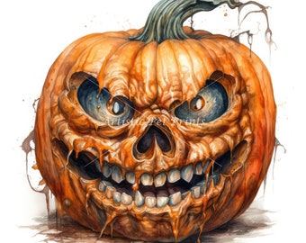Halloween Pumpkin Clipart - 10 High Quality Watercolor JPG's - Digital Download! Horror Pumpkin, Spooky Pumpkin, Scary Pumpkin Clipart
