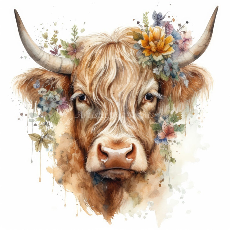 Highland Cow and Flowers Clipart - 10 High Quality Watercolor Jpg's ...