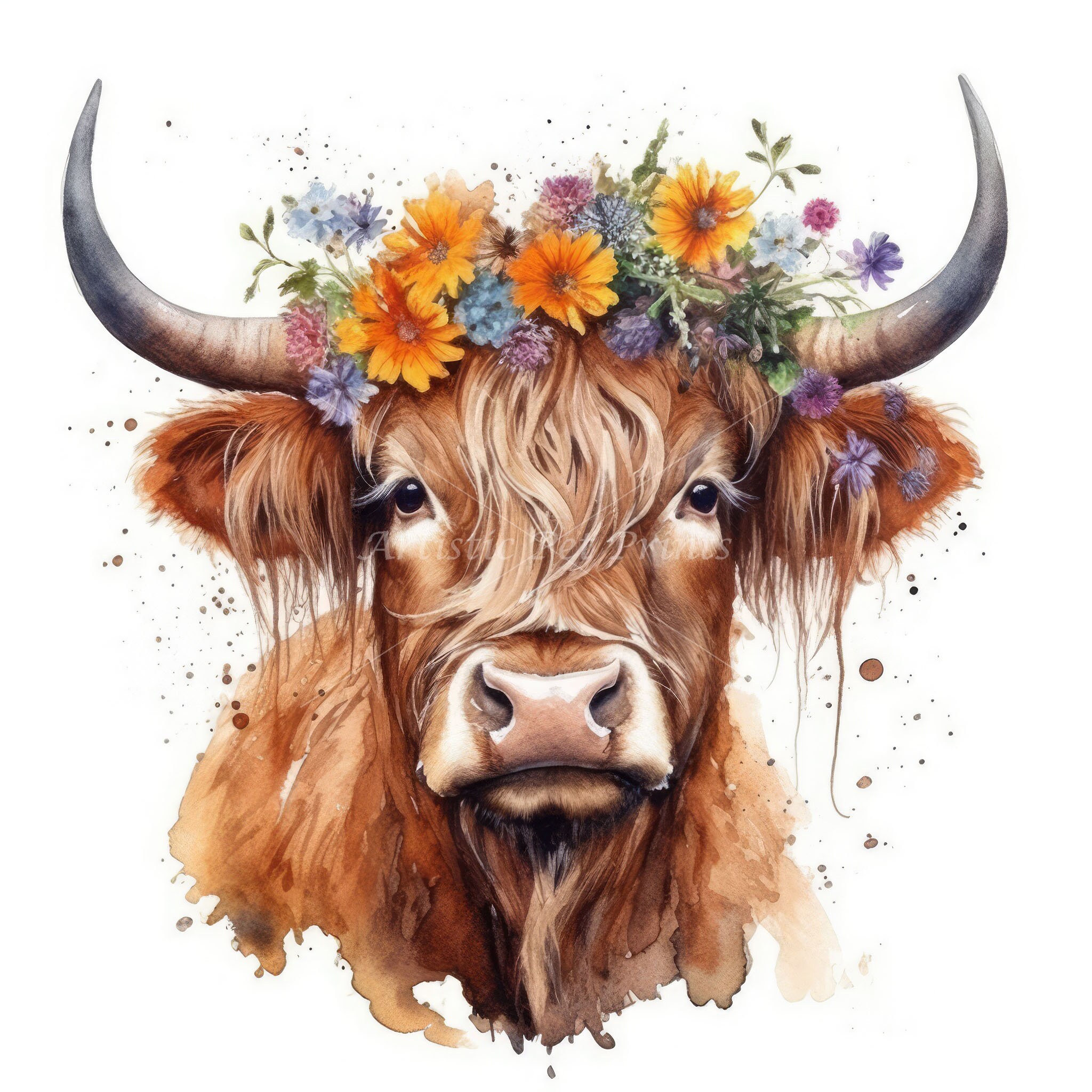 Highland Cow and Flowers Clipart - 10 High Quality Watercolor Jpg's ...