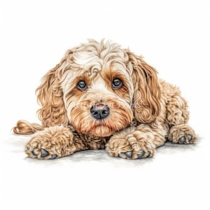 Puede incluir: Un retrato de cerca de un perro cockapoo marrón y blanco acostado con la cabeza apoyada en las patas. El perro tiene un pelaje suave y esponjoso y grandes ojos marrones.